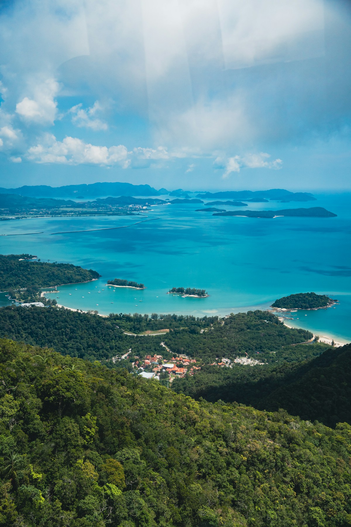 Aerial view of Langkawi archipelago with turquoise water and islands, Kedah, Malaysia