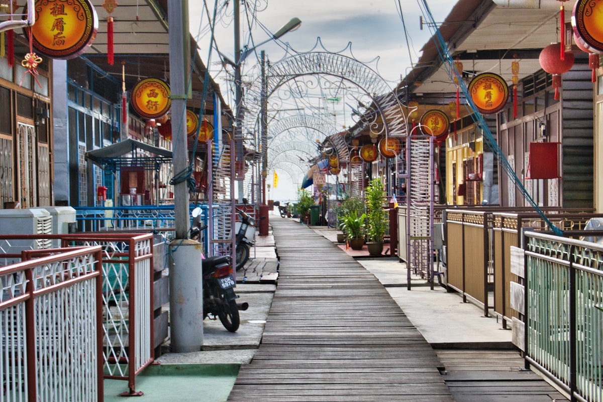 Clan Jetty boardwalk with Chinese lanterns in George Town, Penang, Malaysia