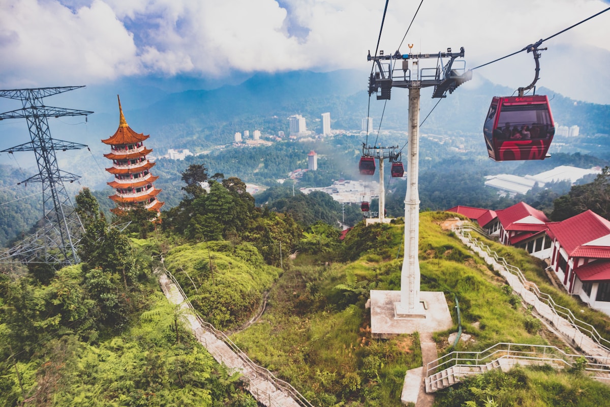 Awana SkyWay cable car gondolas above tropical rainforest, Genting Highlands, Malaysia