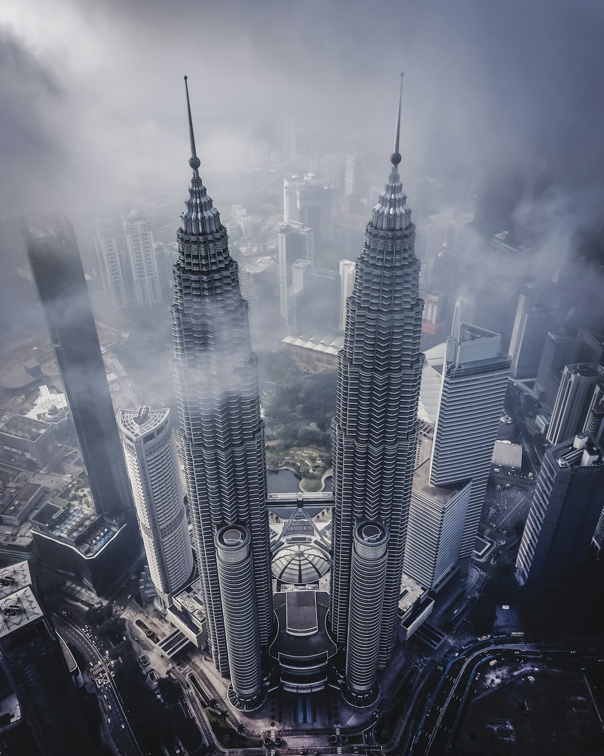 Aerial view of city buildings at night, Kuala Lumpur, Malaysia