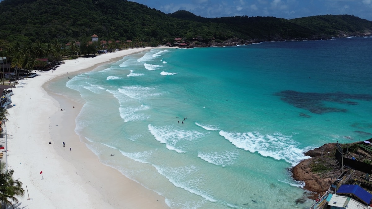 Aerial view of a sandy beach and ocean, Kuala Terengganu, Terengganu, Malaysia
