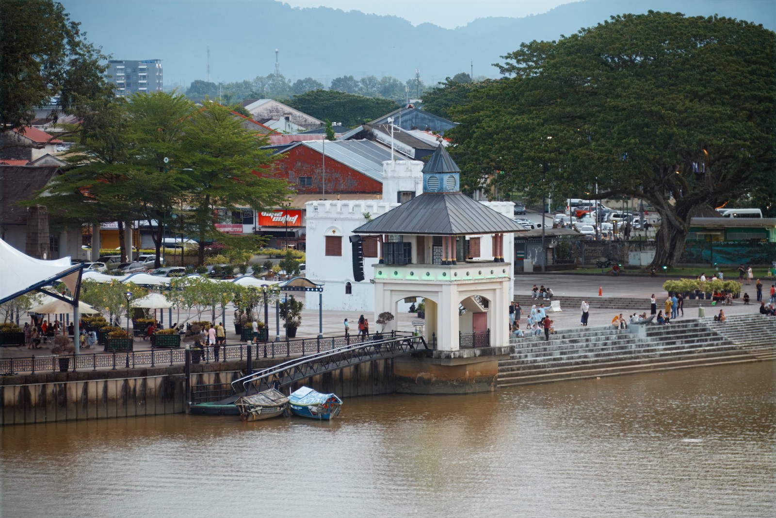 Kuching waterfront with colonial pavilion and Sarawak River, Kuching, Sarawak, Malaysia