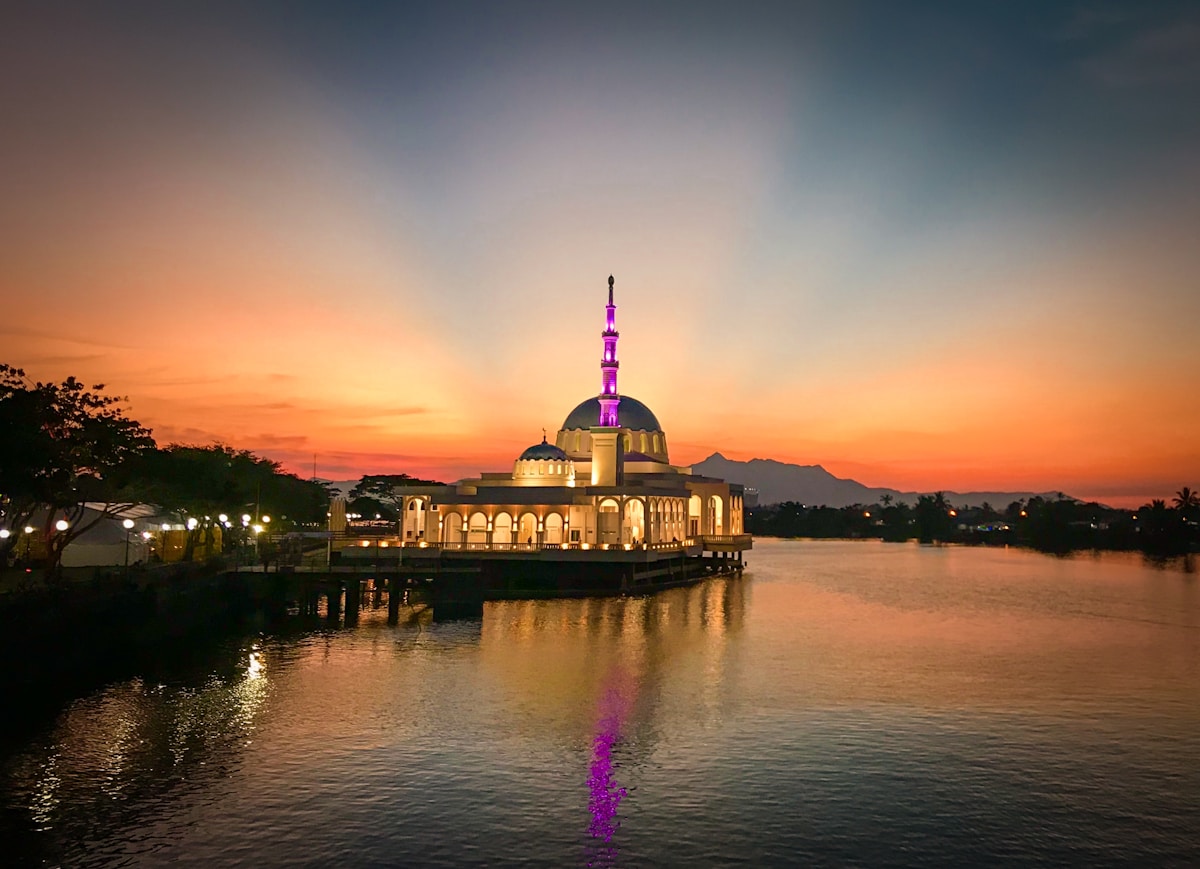 Kuching waterfront city skyline at night, Sarawak, Malaysia