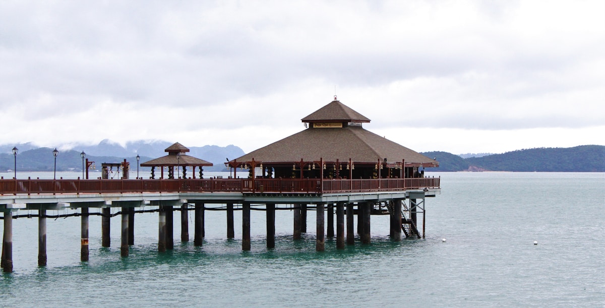 Overwater pavilion restaurant on stilts in the sea, Langkawi Island, Malaysia