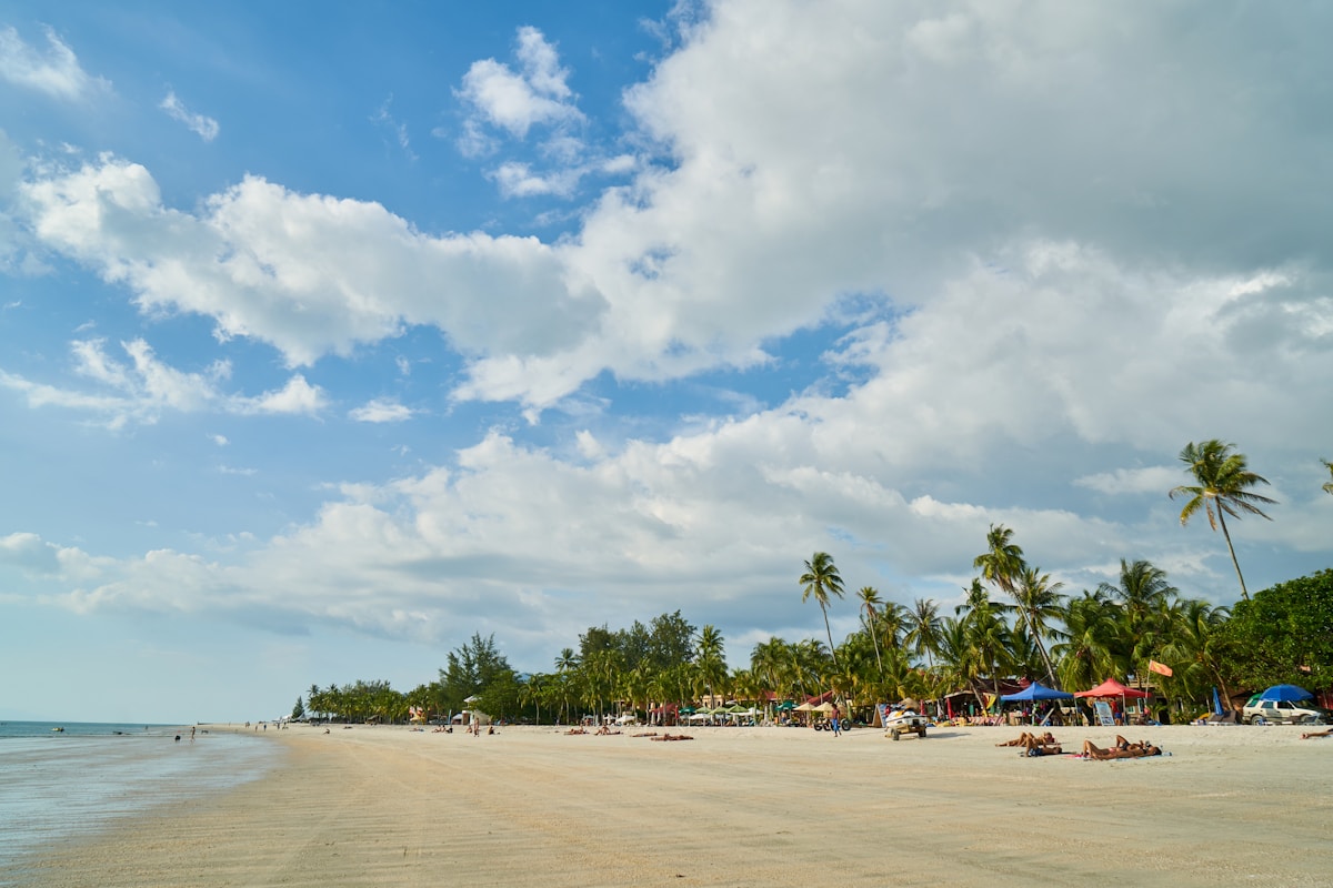 Sandy beach with palm trees and umbrellas, Langkawi, Kedah, Malaysia