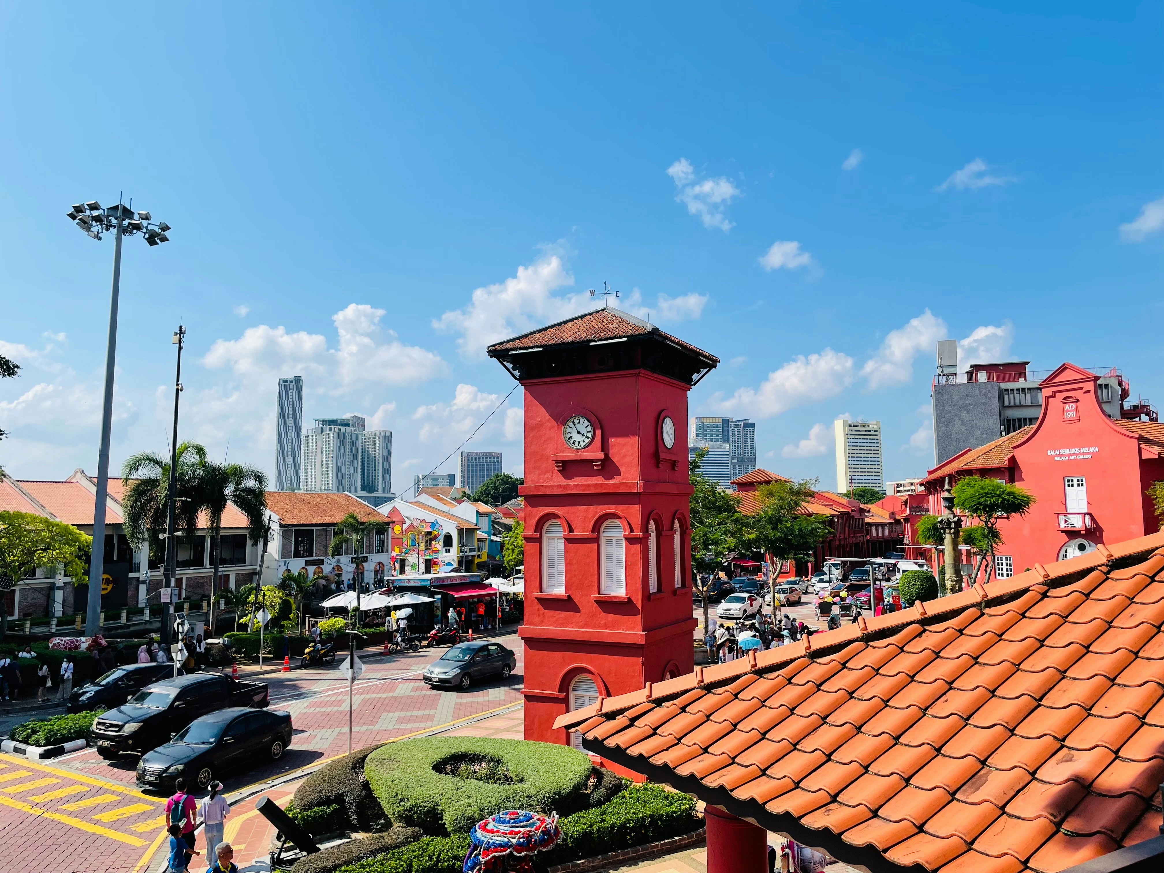 Red colonial clock tower at Dutch Square, Malacca, Malaysia