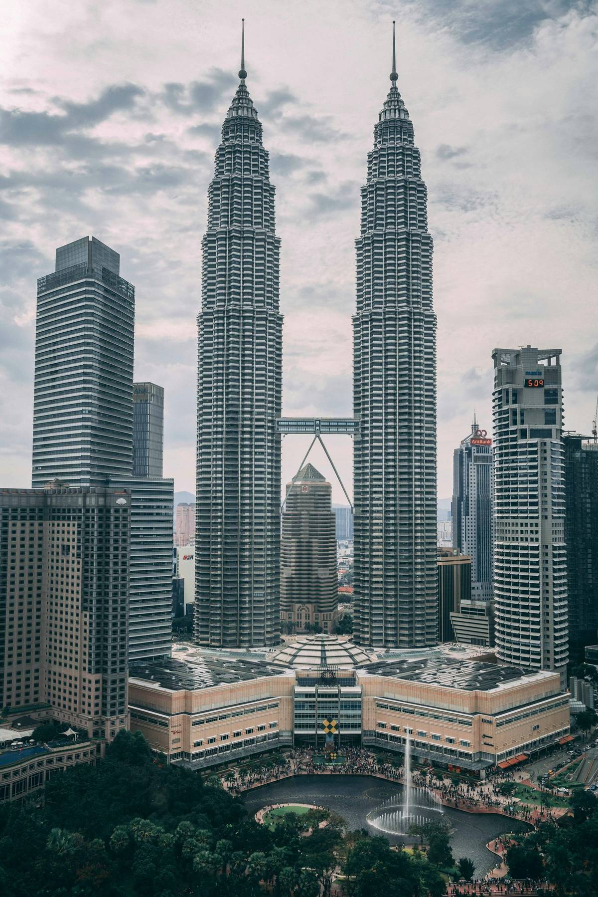 Petronas Twin Towers daytime aerial view, Kuala Lumpur, Malaysia