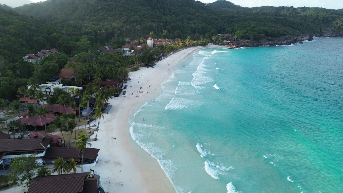 Bird's eye view of a beach and resort, Kuala Terengganu, Malaysia
